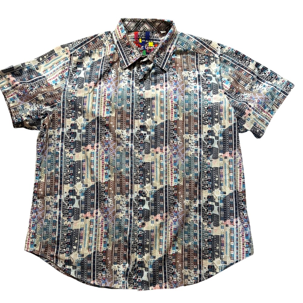 Robert Graham Button Down Mens XL Multicolor Geometric Patchwork Short Sleeve